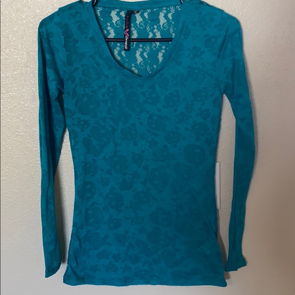 Teal, sheer, lace back, long sleeve shirt